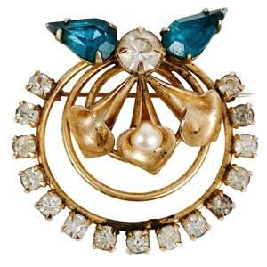 Vintage 1940s Blue Rhinestone Floral Atomic Wreath Brooch Gold Tone Pearl